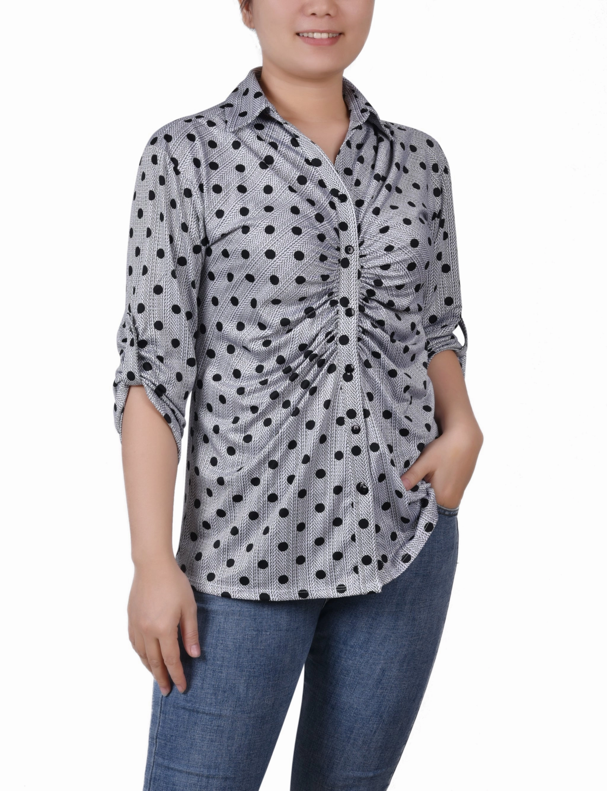 Long Sleeve Polo Tactile Soft Texture 3/4 Roll Tab Rouched-Front Top