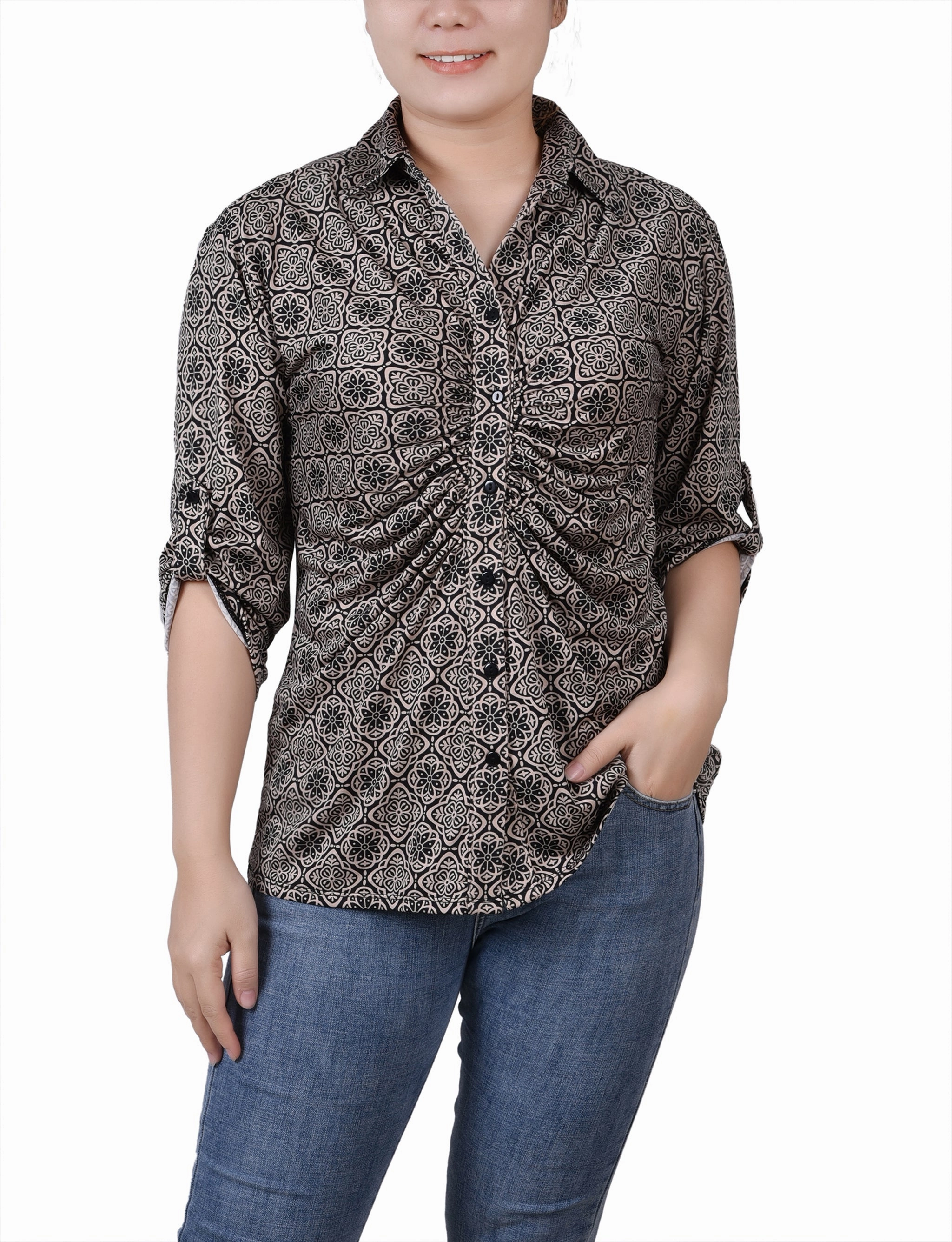 3/4 Roll Tab Rouched-Front Top Printed Hoodie Quick Dry Blend