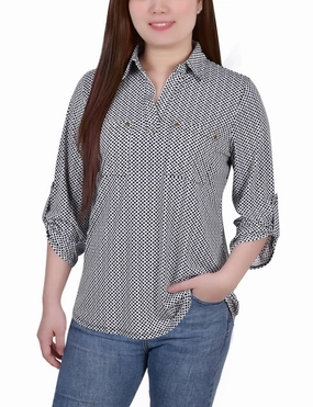 Reflective details 3/4 Roll Tab Sleeve Studded Y Neck Top