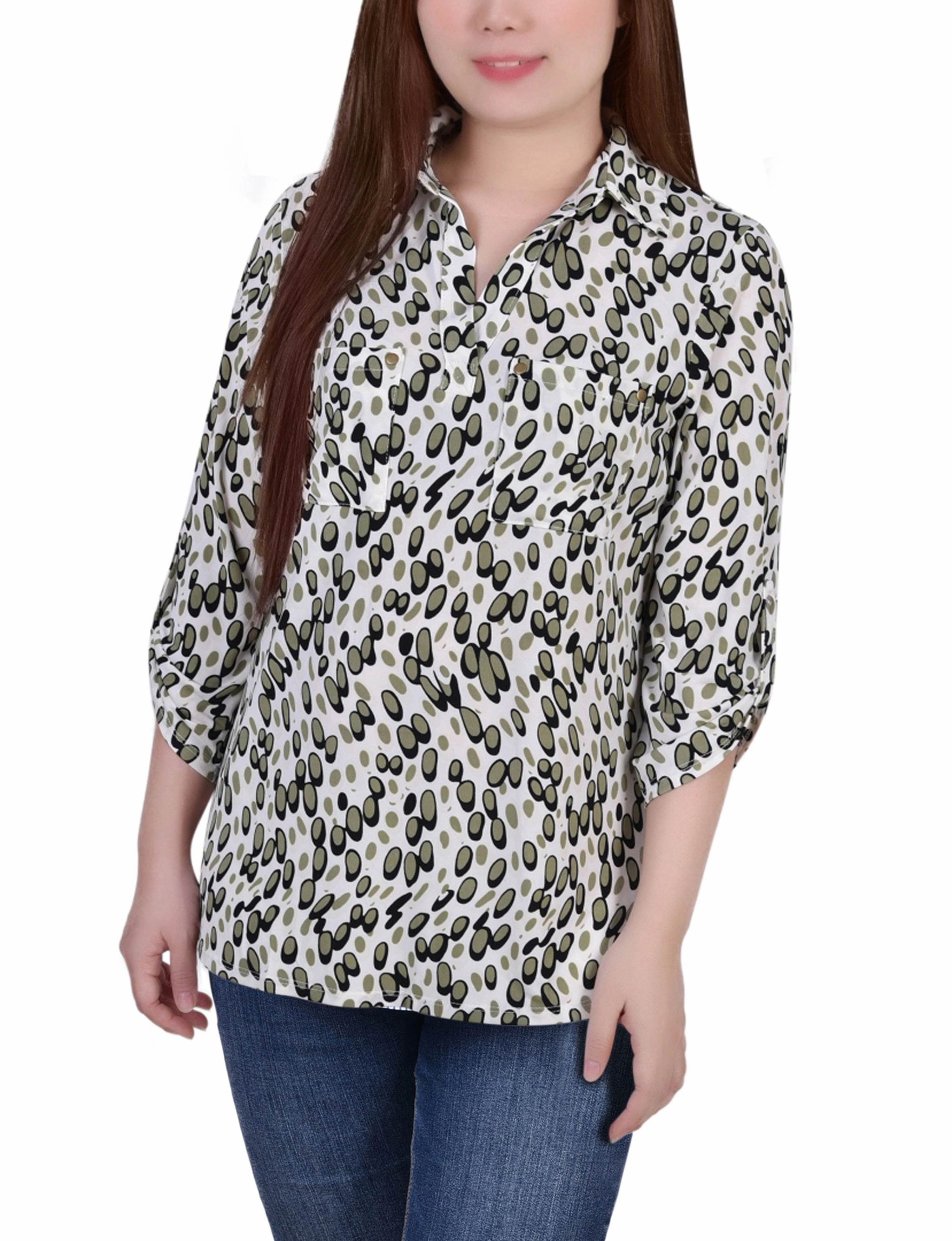 3/4 Roll Tab Sleeve Studded Y Neck Top Long Sleeve Tee Machine Washable Fabric