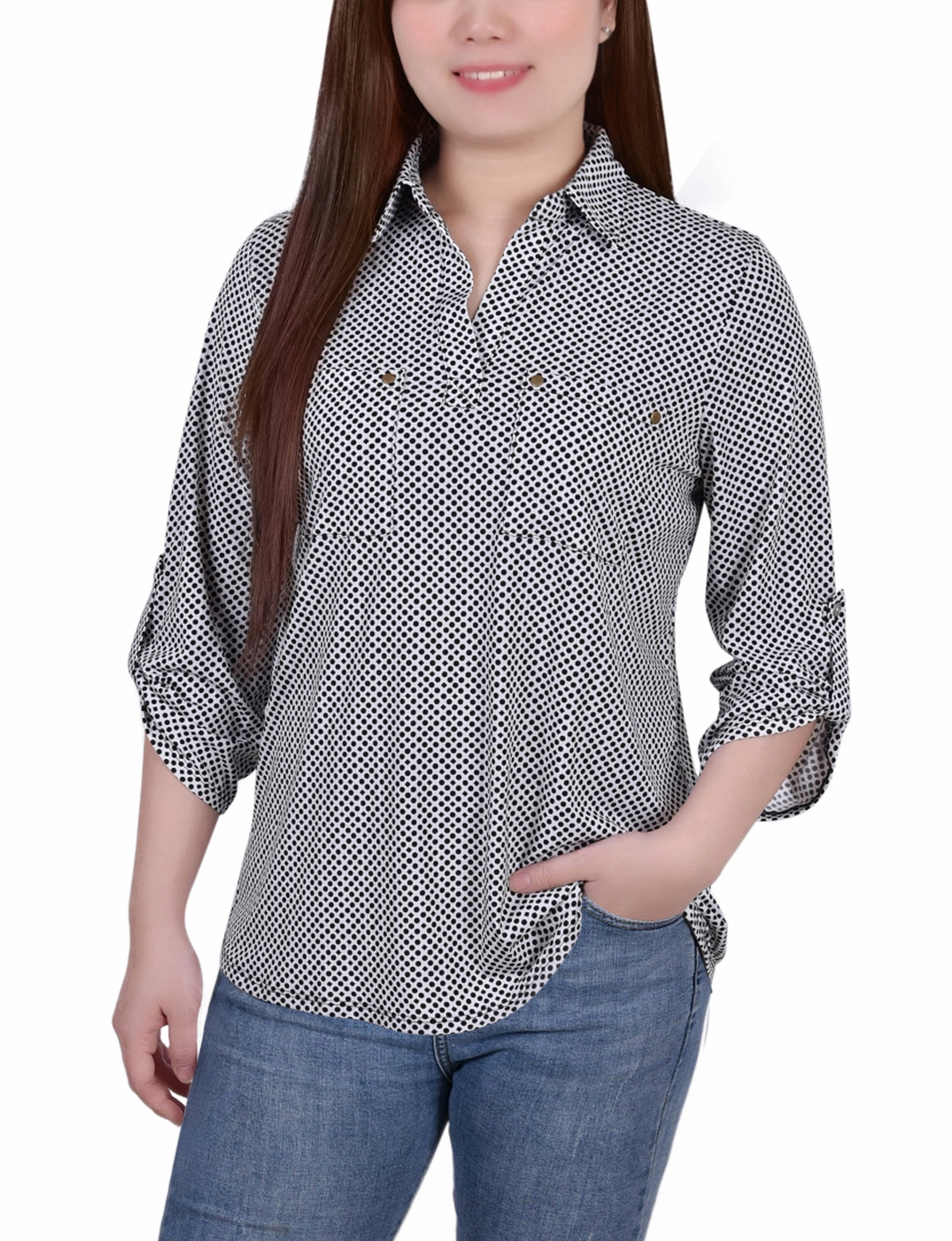 3/4 Roll Tab Sleeve Studded Y Neck Top standard fit AthleticInspired