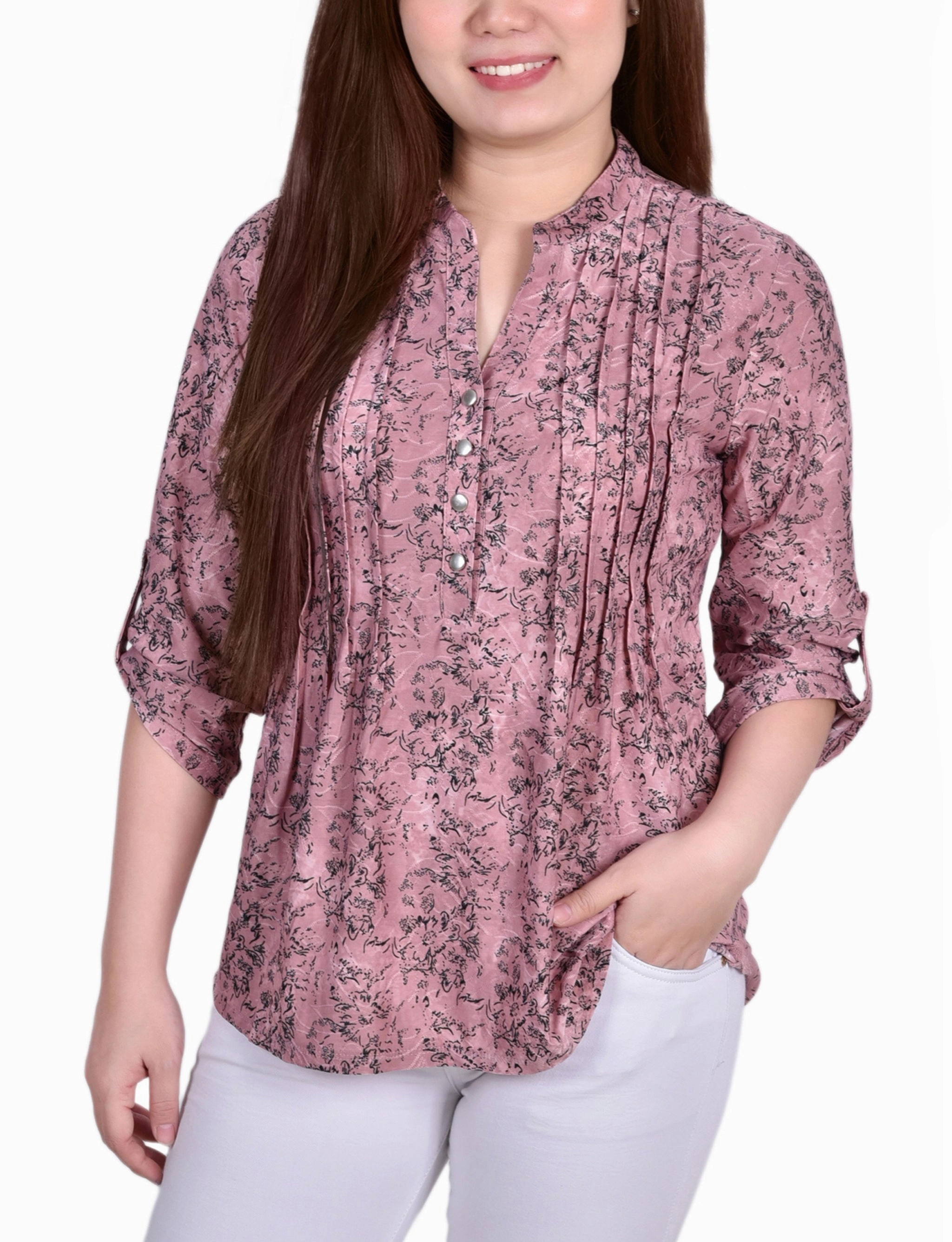 AntiMicrobialLining 3/4 Roll Tab Sleeve Y Neck Top