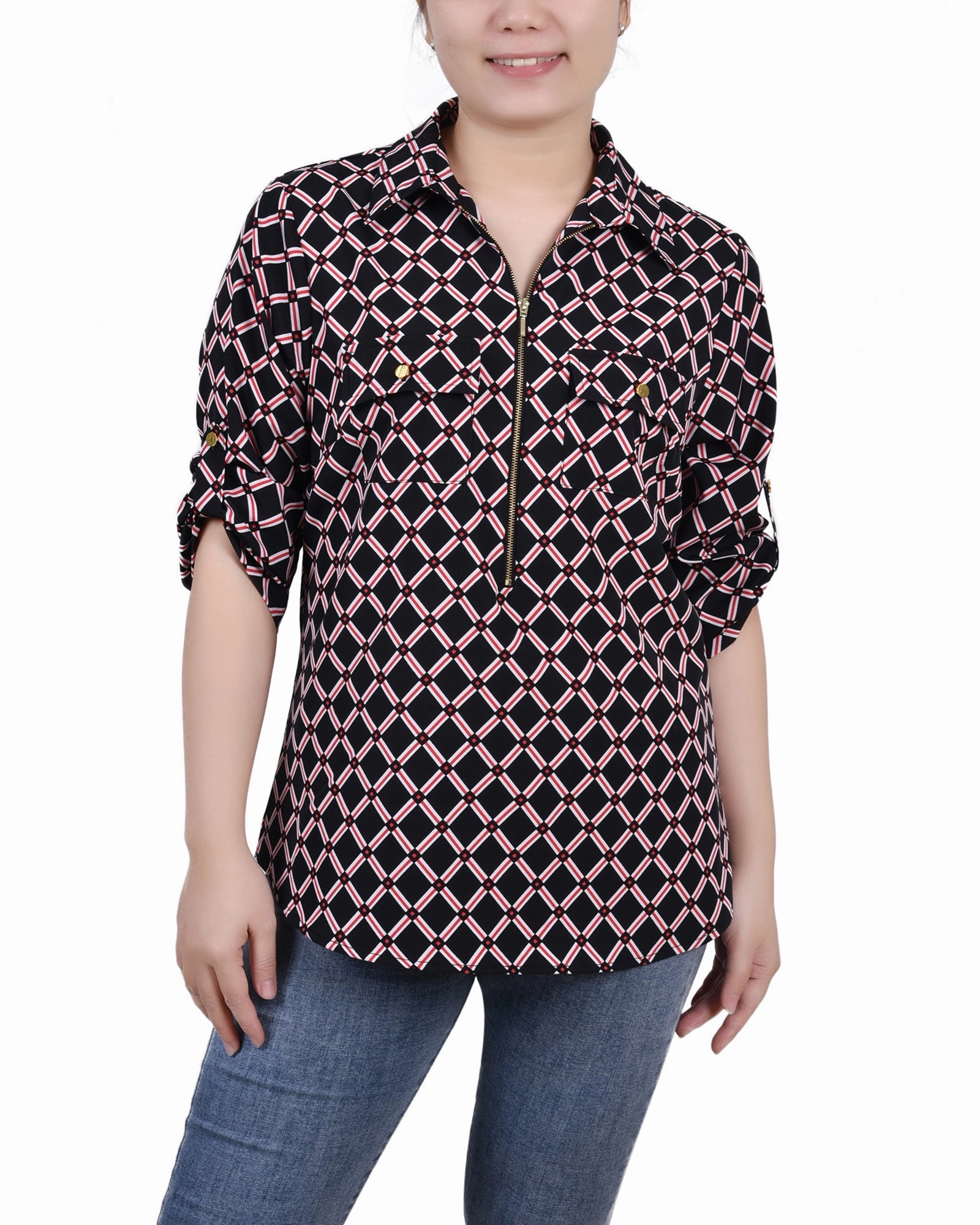 StretchFit NonScratchyLining 3/4 Roll Tab Sleeve Zip Front Top