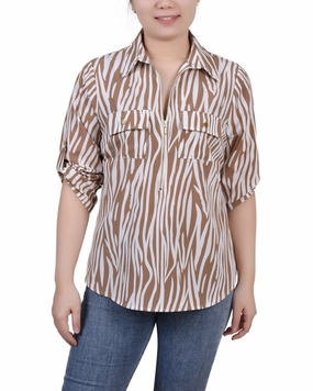 Multi Way Adjustable Fit Comfortable Cut 3/4 Roll Tab Sleeve Zip Front Top