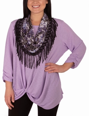 Contoured Armhole Design Soft Cotton Blend 3/4 Ruched Sleeve Knot Top With Fringe Tassel Scarf