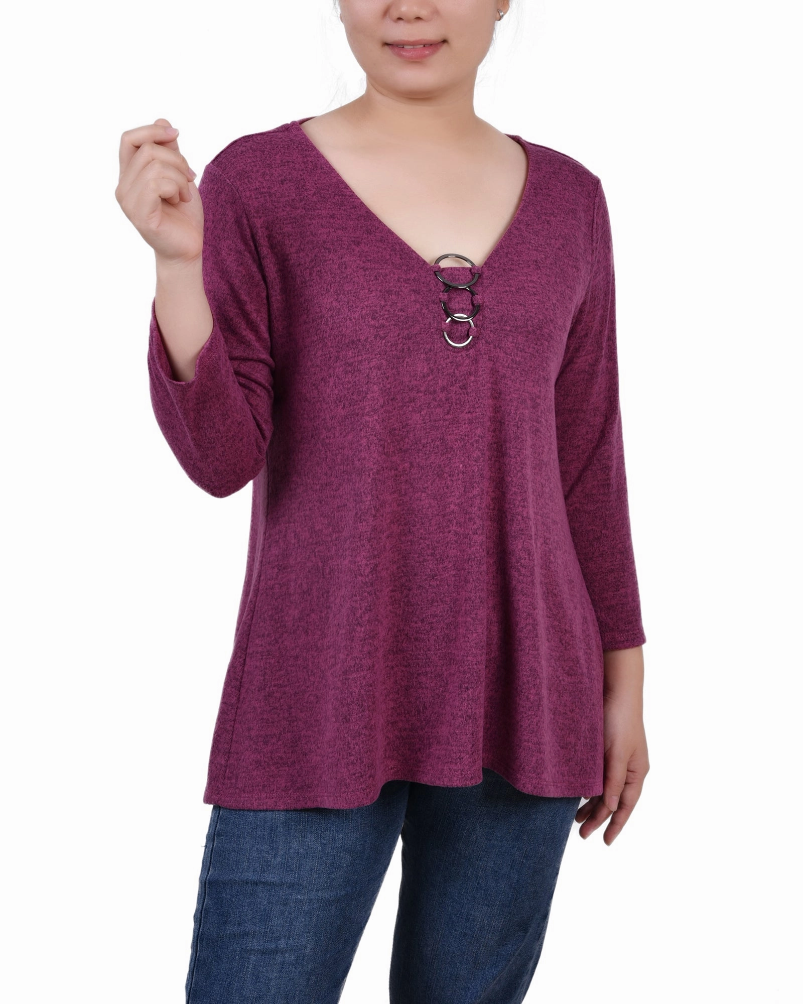 Stretch Knit Material retro look 3/4 Sleeve 3-Ring Top