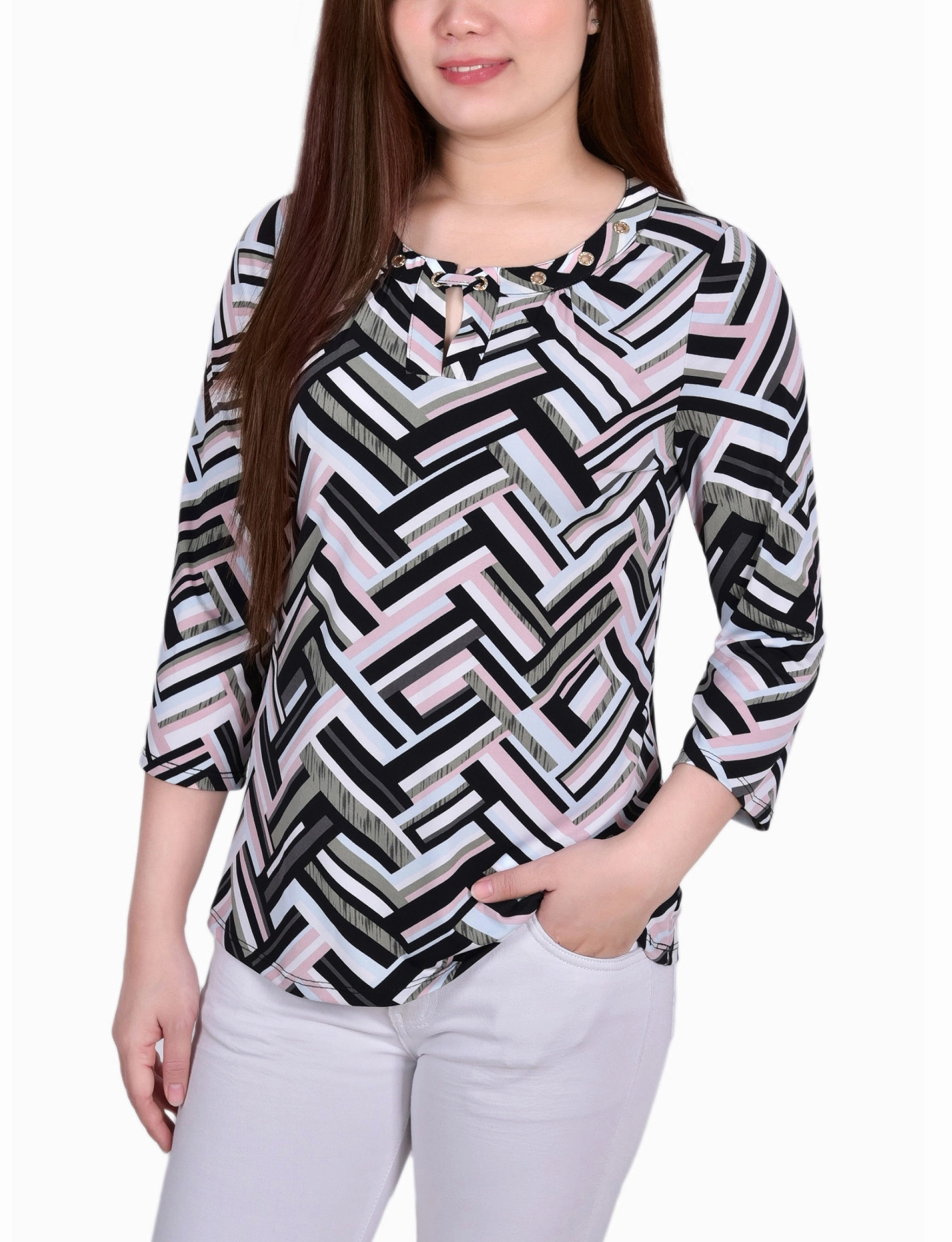 Stretchable Neckline 3/4 Sleeve Grommet Top