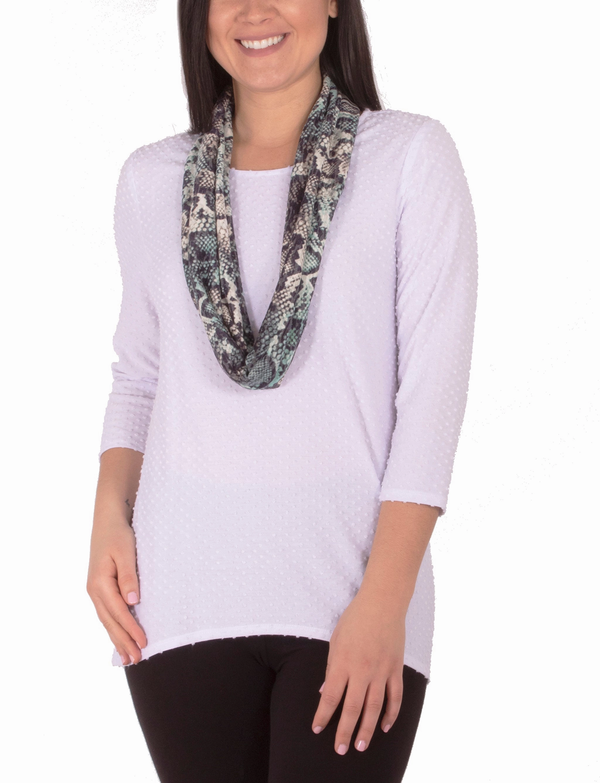 3/4 Sleeve Jewel Neck Top With Scarf DualLayer Weave RibbedTrims