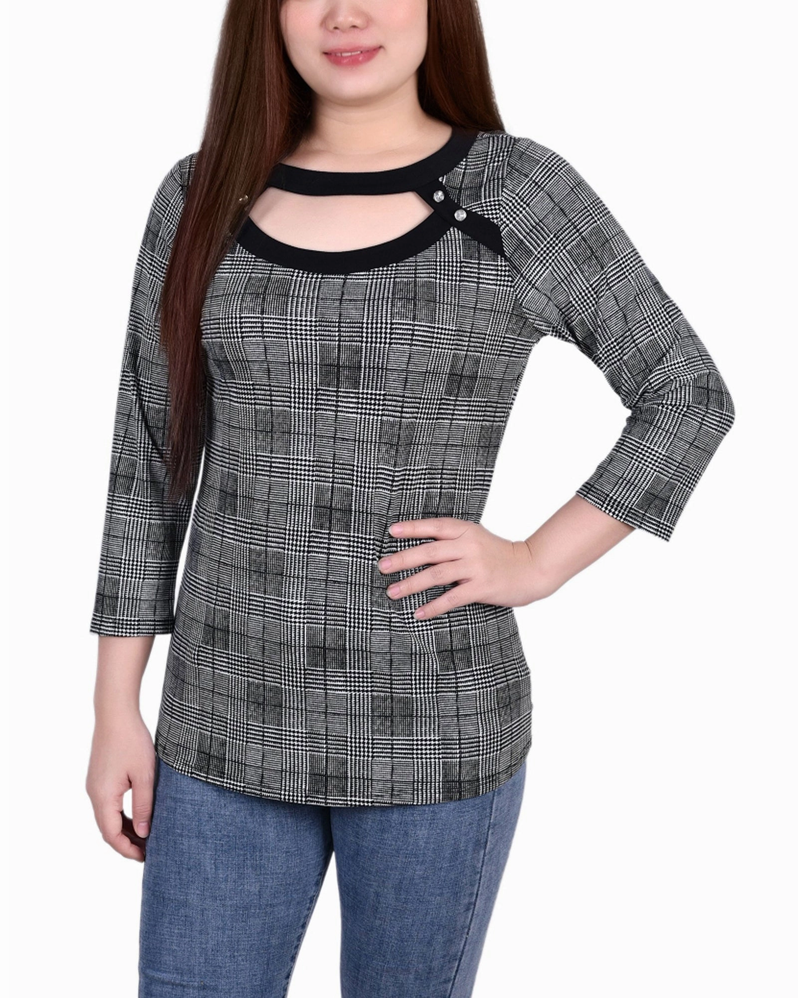 3/4 Sleeve Top With Combo Bands And Front Cutout LongSleeve