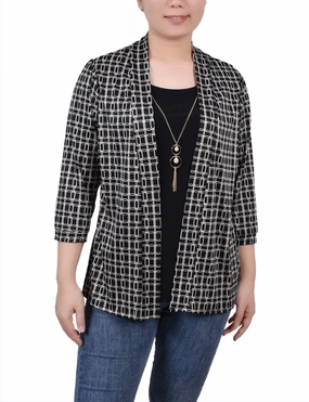 3/4 Sleeve Two-Fer Top LayeredDurability RibbedCuff