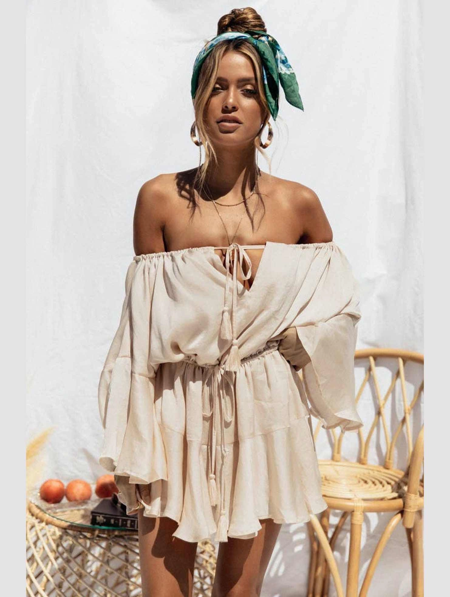 A LINE NECK DRAWSTRING FLARED SLEEVE JUMPSUIT_CWSJS0530 Premium Home Clean Slim