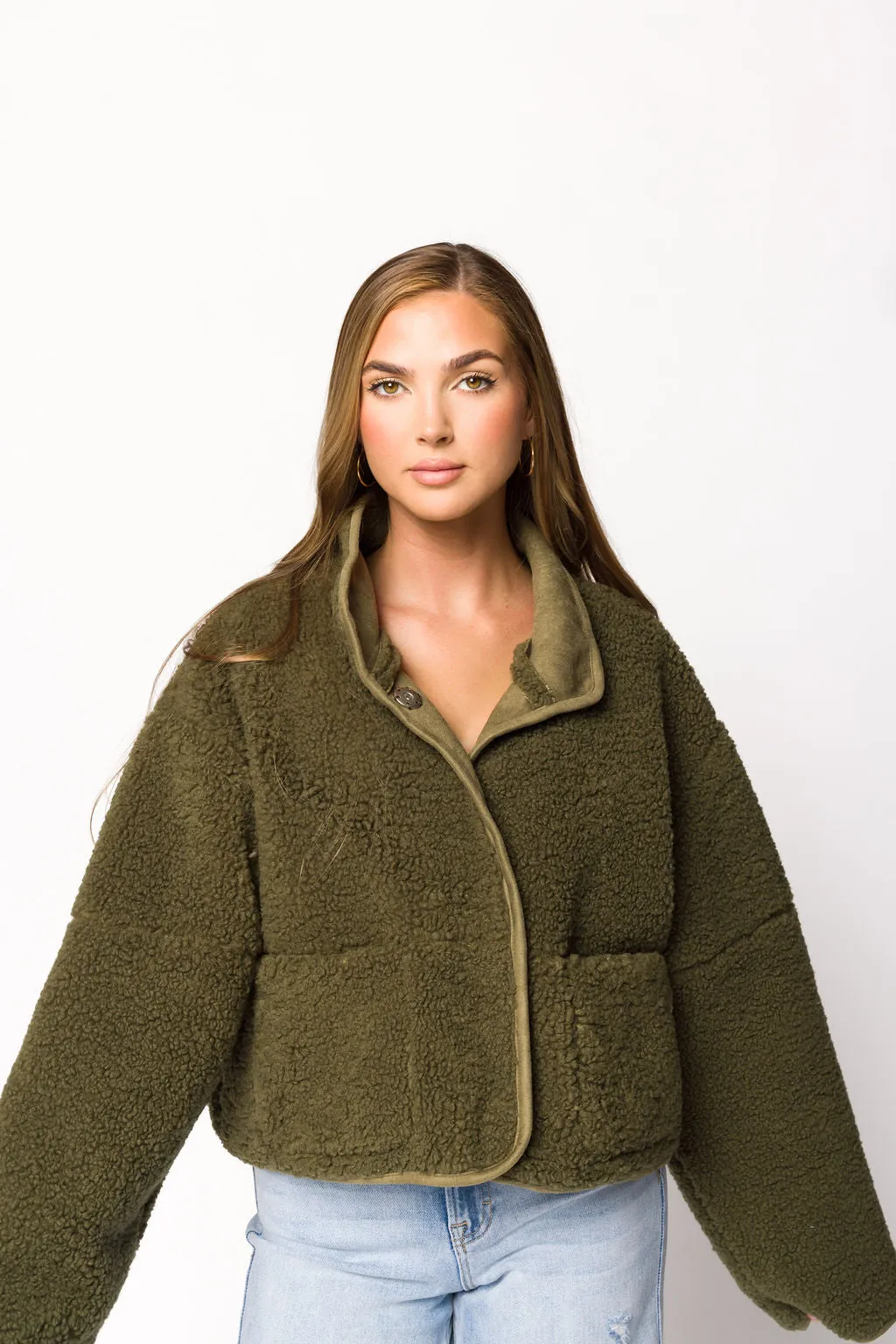 Abby Sherpa and Suede Reversible Jacket in Olive Sustainable Fabric Blend