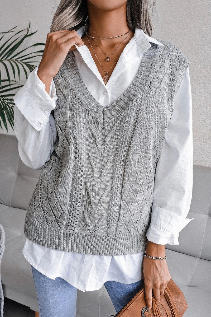 Stretchable Neckline WOMEN OVERSIZED LOOSE FIT RIBBED KNIT VEST