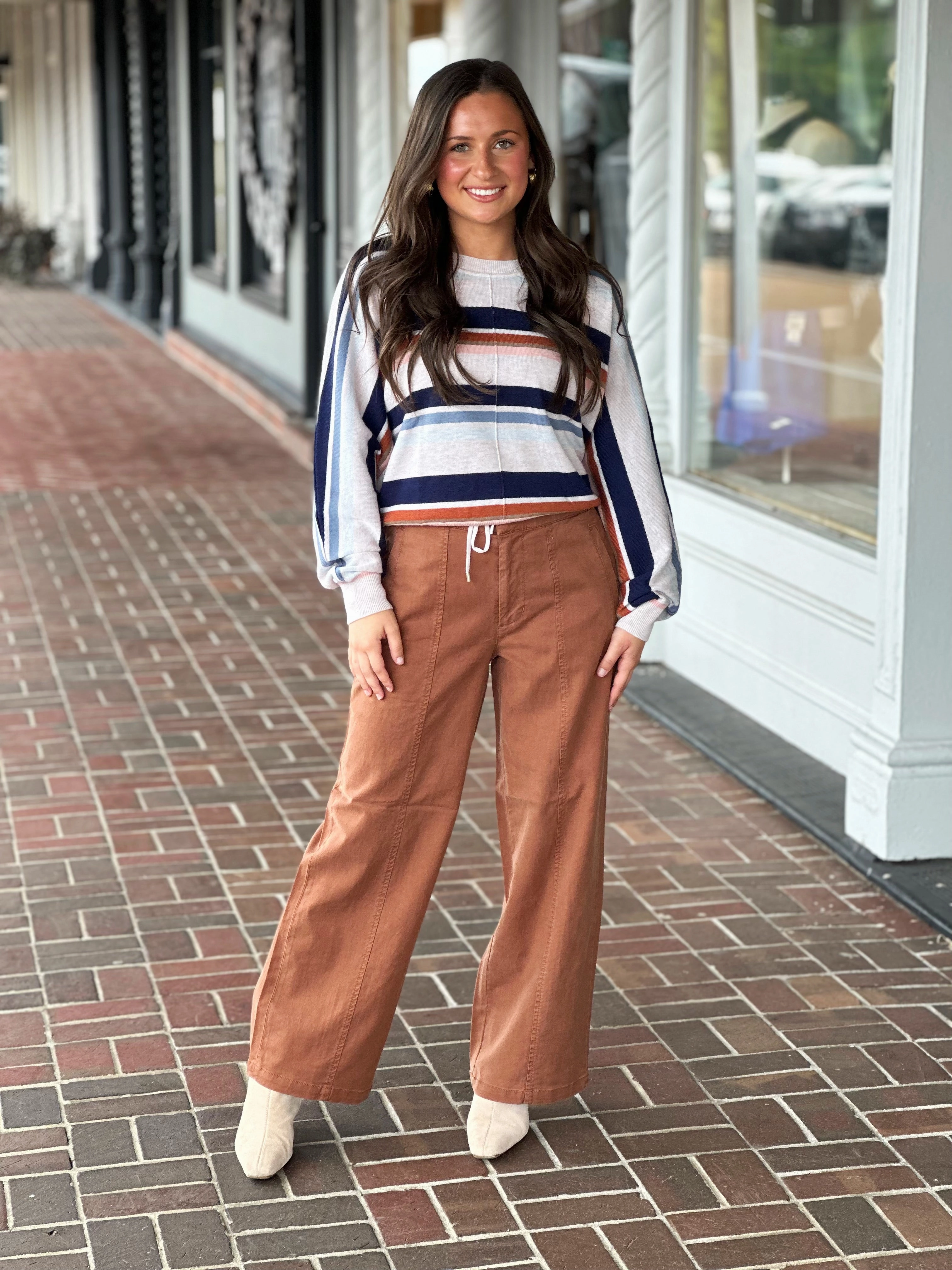 Polly Draw Tie Striped Sweater NonChafing Fabric Versatile Layering Piece