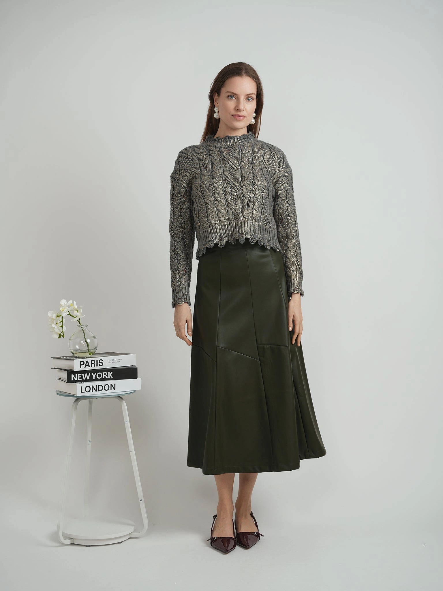 Moisture wicking Versatile olive Leather paneled midi Skirt WB4CM1074SM