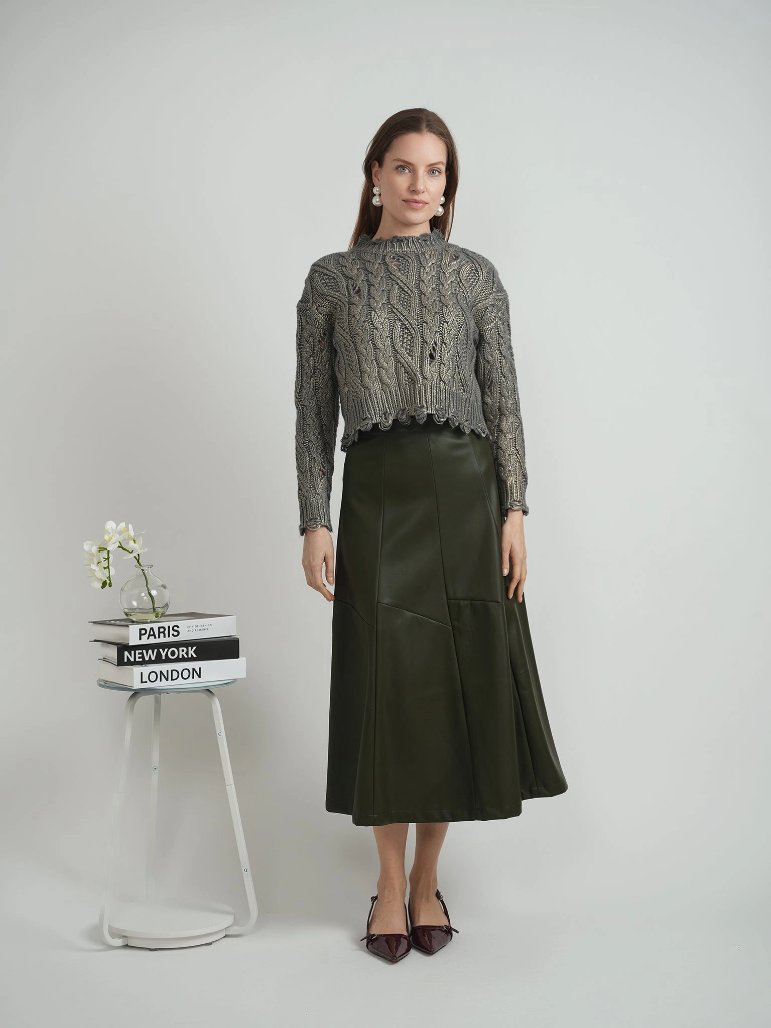 Side Slit Urban Fit Versatile olive Leather paneled midi Skirt WB4CM1074SM