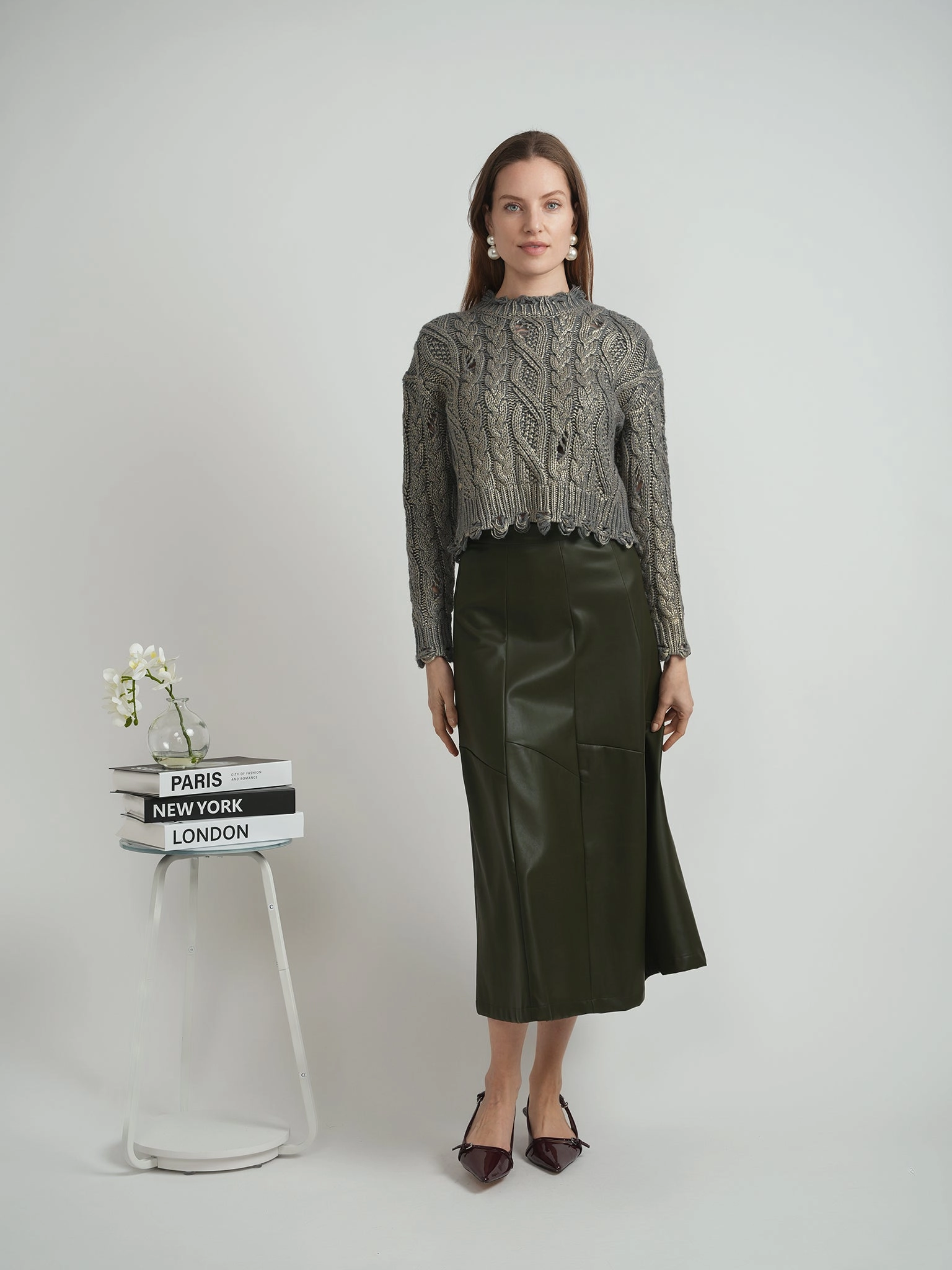Versatile olive Leather paneled midi Skirt WB4CM1074SM Soft Texture ruffle trim