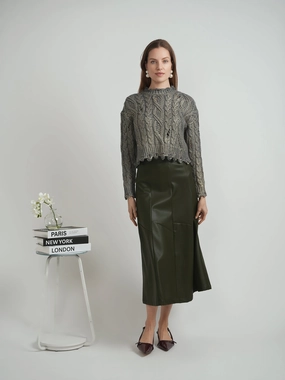 Versatile olive Leather paneled midi Skirt WB4CM1074SM Soft Texture ruffle trim