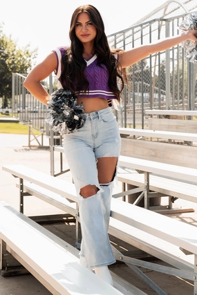 ClassicCrewNeck High Collar Design Better Take Notes Side Tie Sweater Vest (Purple/White)