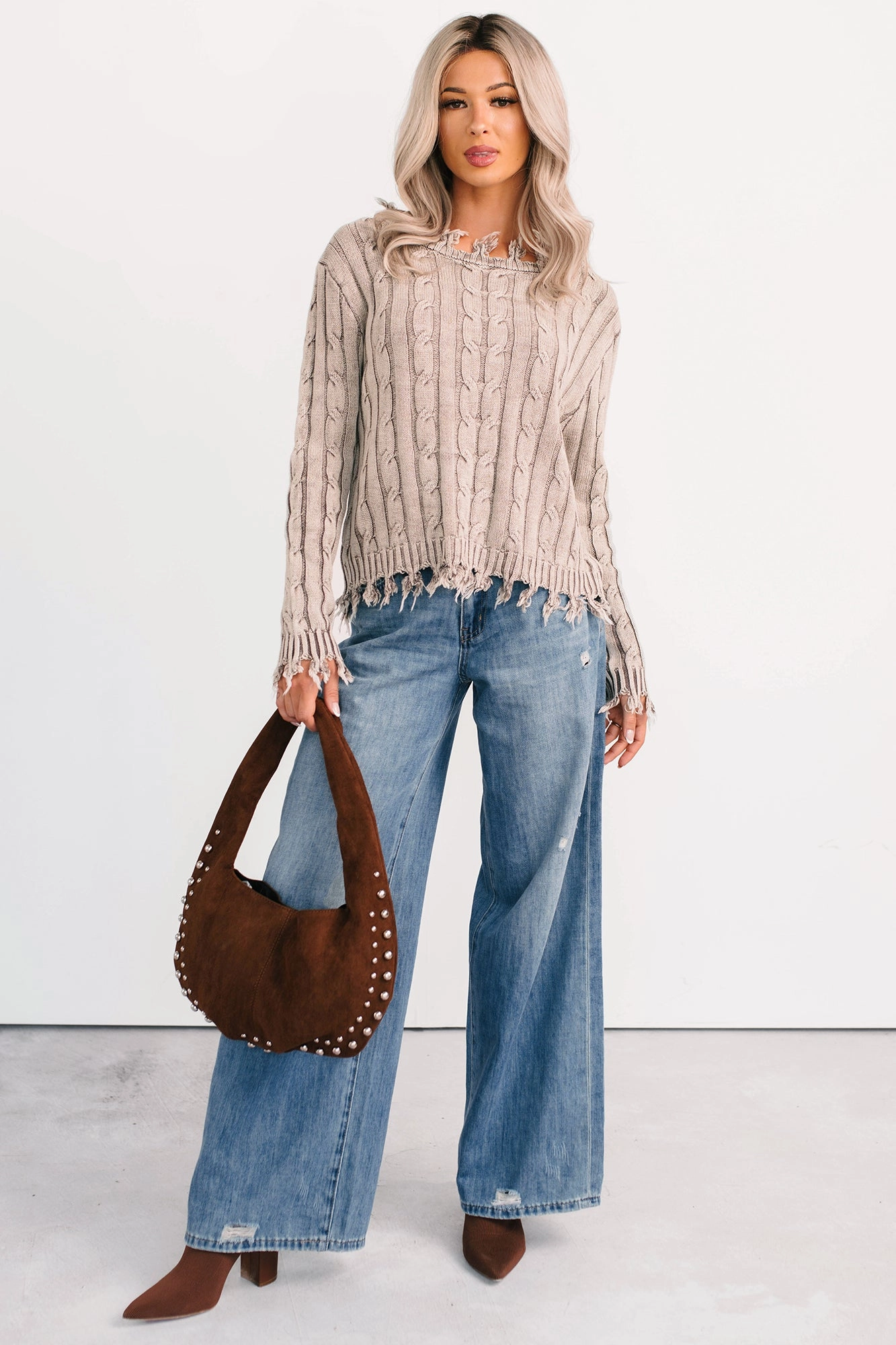 Unwritten Future Cable Knit Fringe Zenana Sweater (Mocha) Fade Resistant Treatment