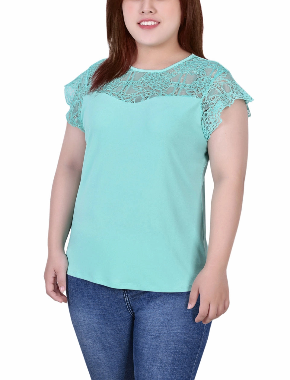 Plus Size Crepe Knit Top With Lace Flanged Sleeve and Yoke Microfiber Technology