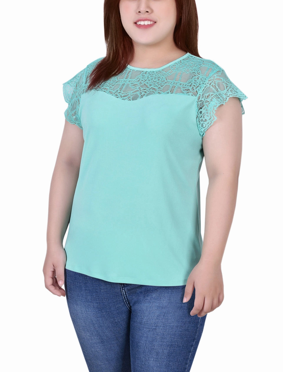 DoubleStitching Plus Size Crepe Knit Top With Lace Flanged Sleeve and Yoke