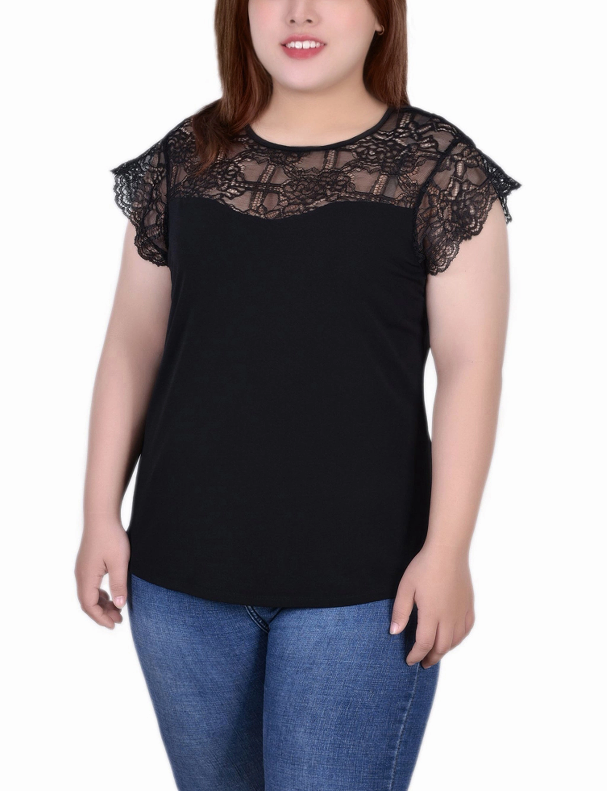 Plus Size Crepe Knit Top With Lace Flanged Sleeve and Yoke Relaxed Sweatshirt
