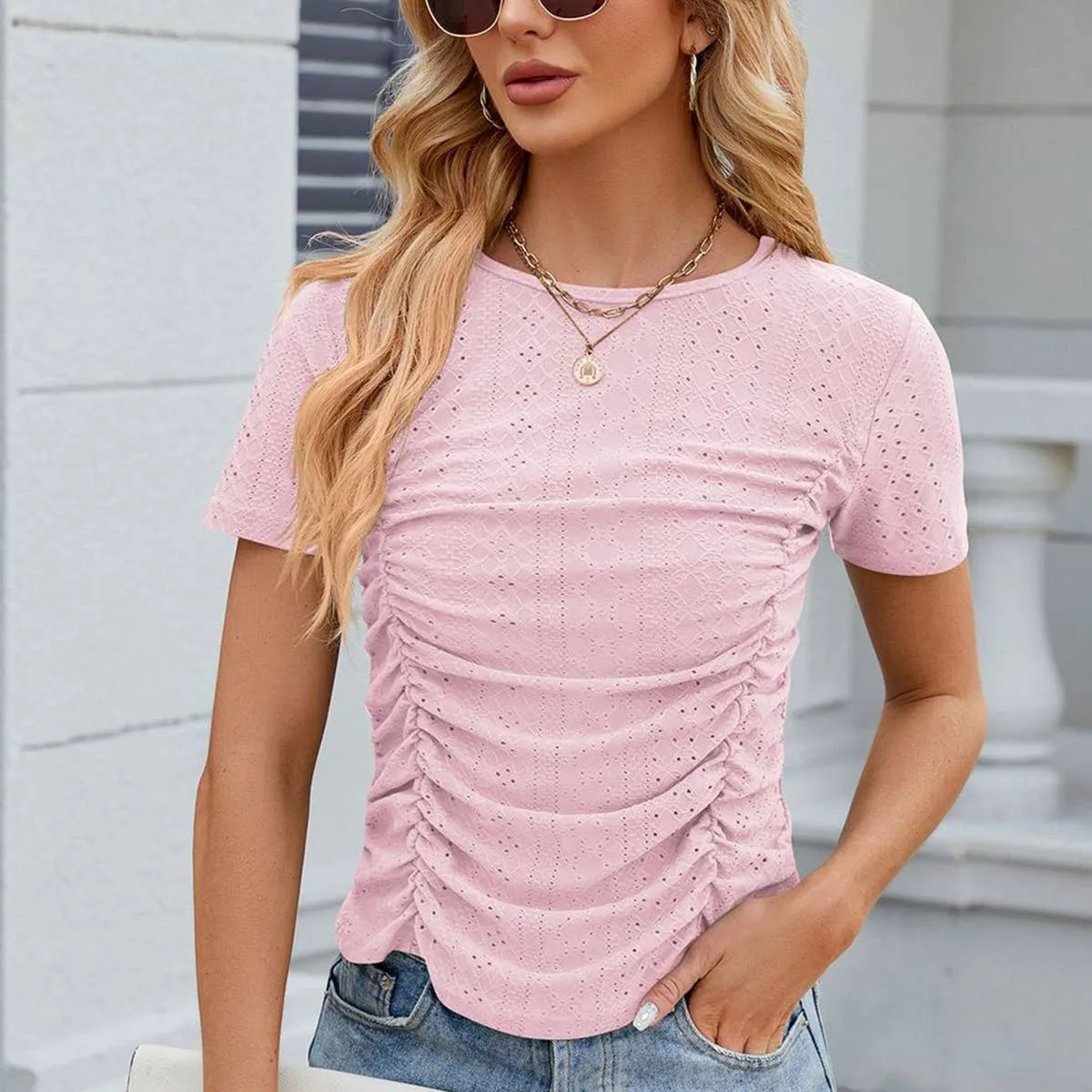 Fade Resistant Finish Temperature Control Fabric BREATHABLE SOLID COLOR PLEATED SLIM FIT T-SHIRT_CWTSTS0386