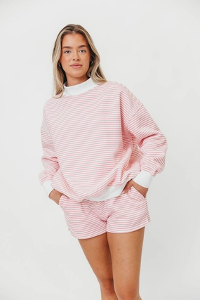 MultiFunctionalDesign Cynthia Big Striped Mock Neck Sweatshirt in Pink and White