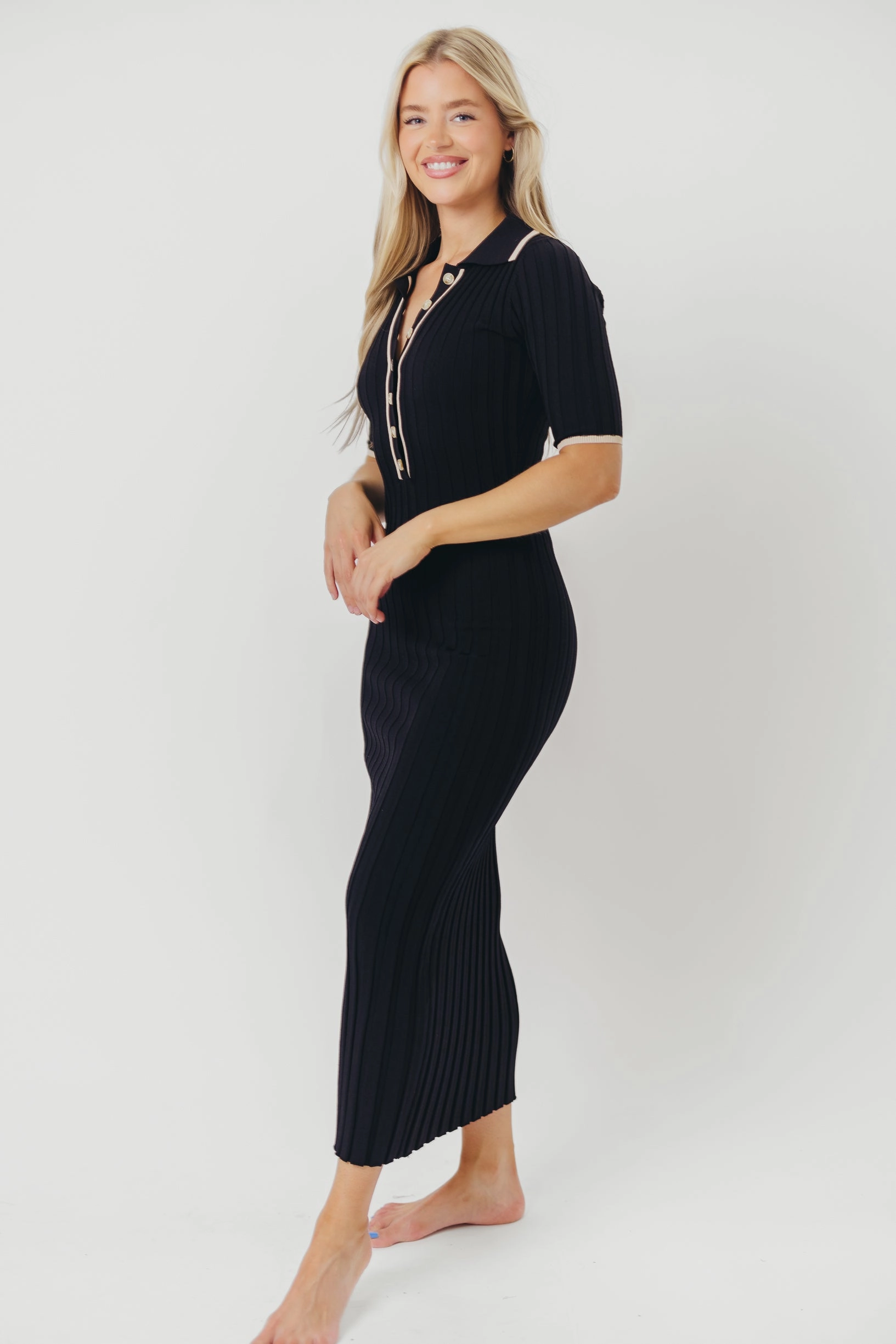 Addie Ribbed Button-Down Maxi Dress in Black - Nursing and Bump Friendly Fitted Shape