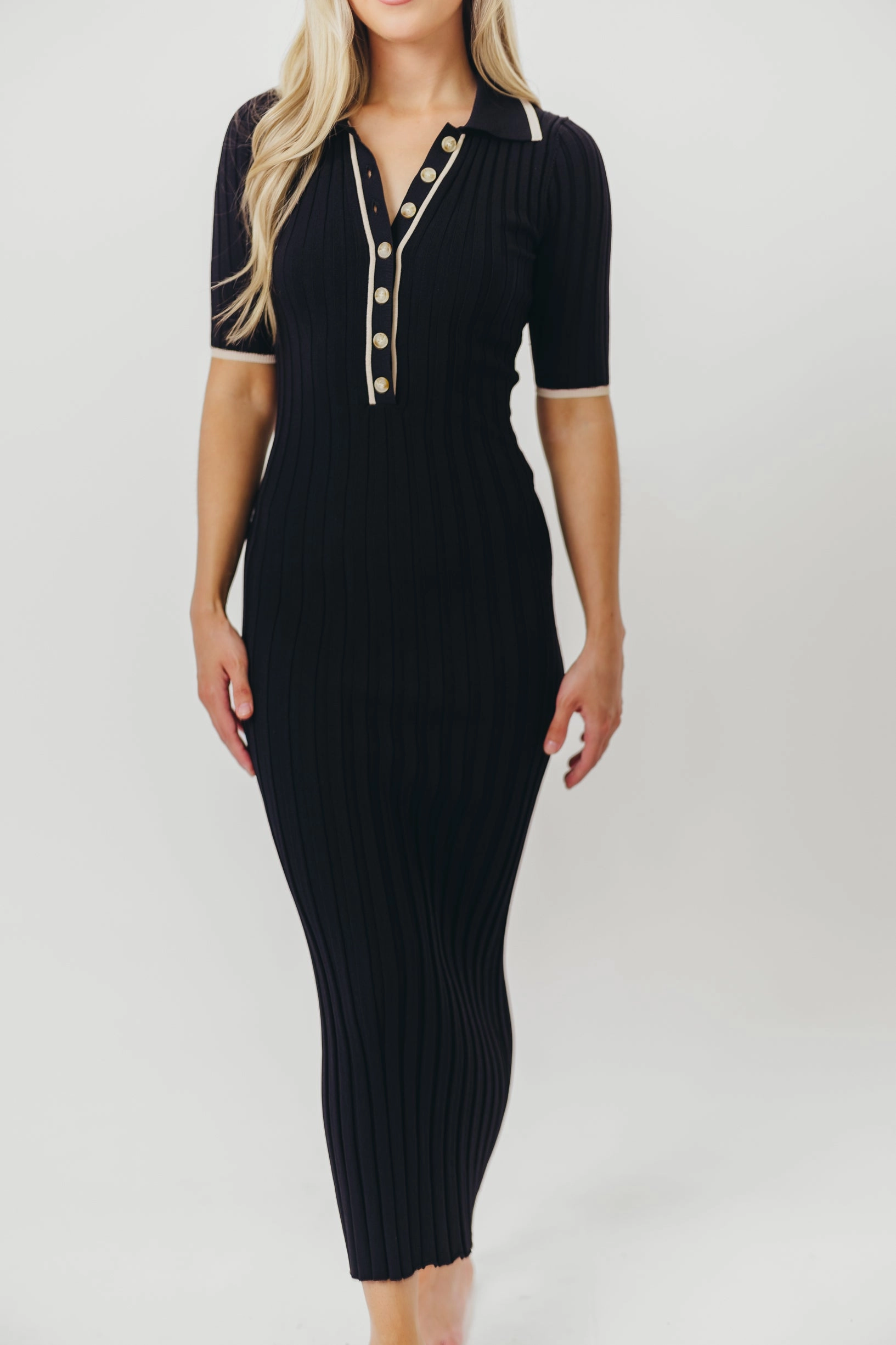 Addie Ribbed Button-Down Maxi Dress in Black - Nursing and Bump Friendly Street Mood