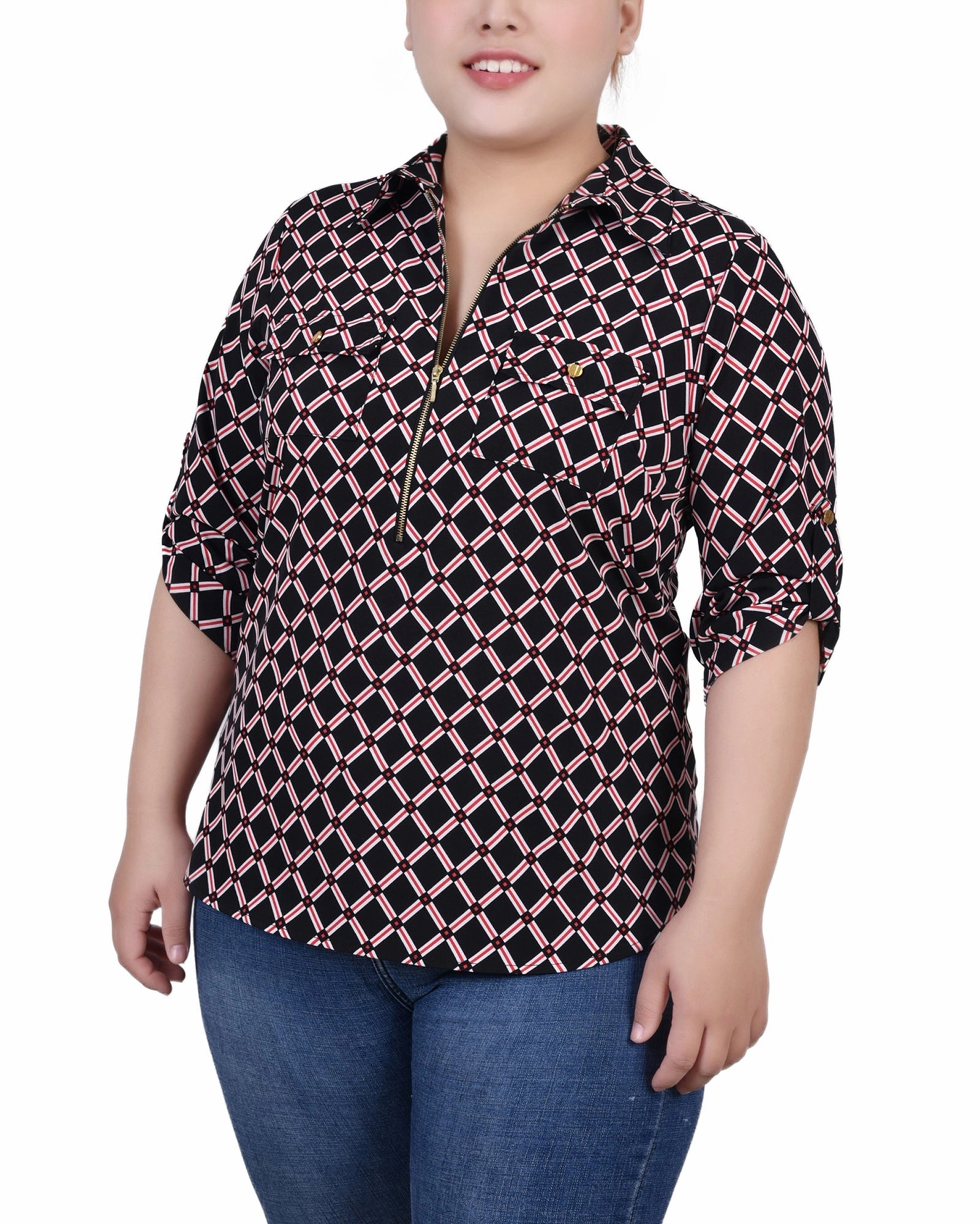 Plus Size 3/4 Roll Tab Sleeve Zip Front Top NonIrritating Seams MultiPanelBreathability