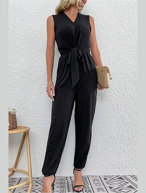 Layered Collar Design SLEEVELESS V NECK SLIM JUMPSUIT
