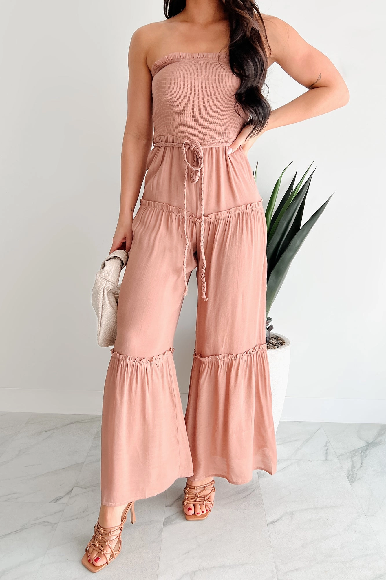 Glam Goddess Strapless Smocked Jumpsuit (Clay) Moisture Wicking Technology FlexibleLayeredConstruction