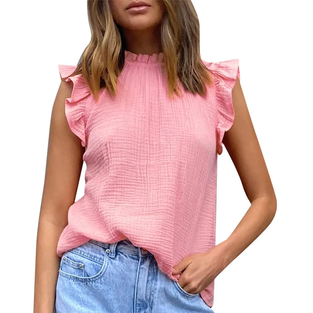 Microfiber Blended Fabric LongWearingComfort CHIFFON SOLID COLOR PATCHWORK SLEEVELESS BLOUSE_CWTBLSL0361