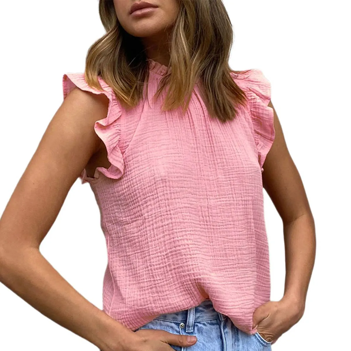 WaterRepellent Finish CHIFFON SOLID COLOR PATCHWORK SLEEVELESS BLOUSE_CWTBLSL0361