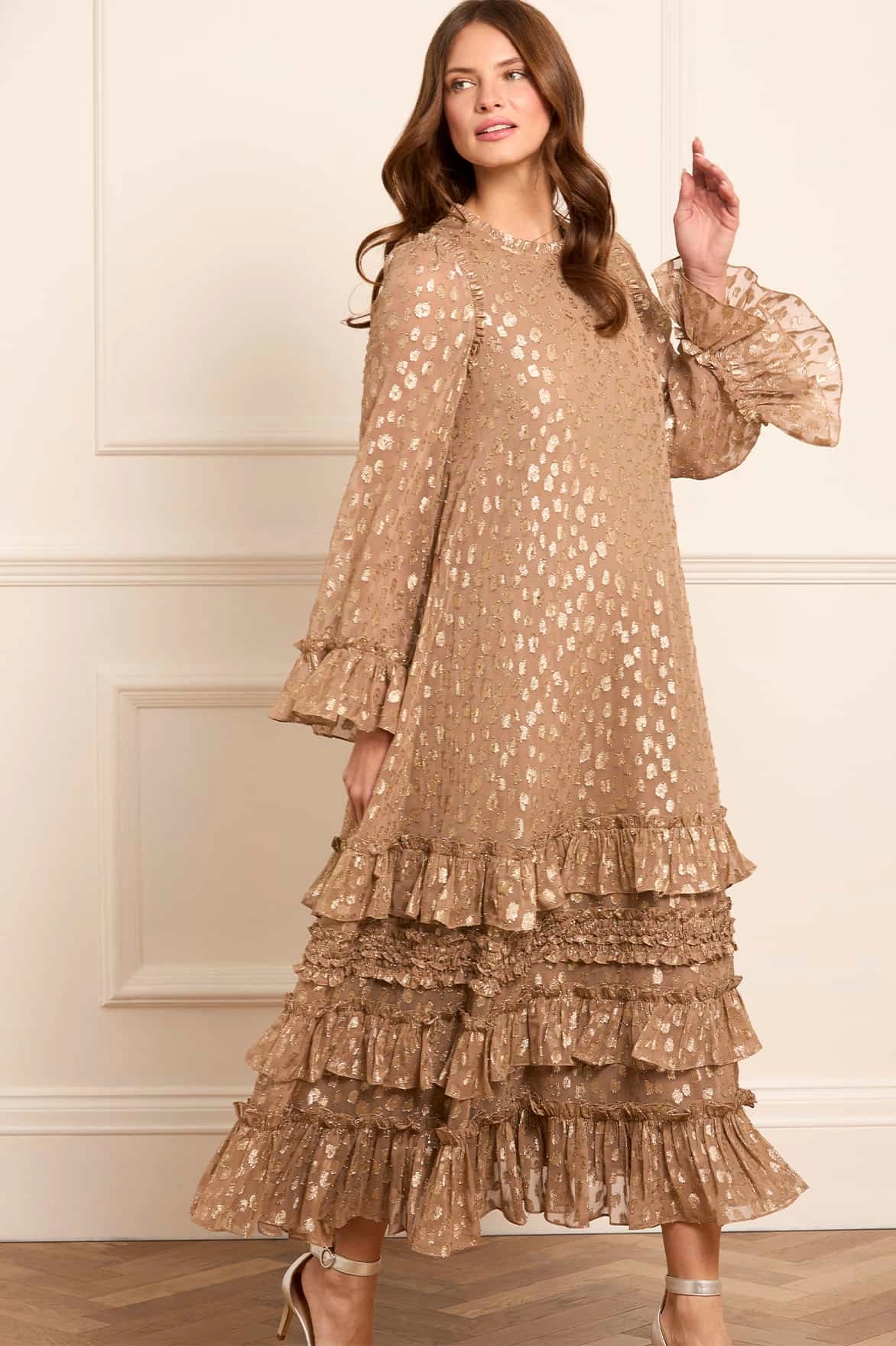 Odelle Lurex Round Neck Ankle Gown Chic and Stylish Square-Neck