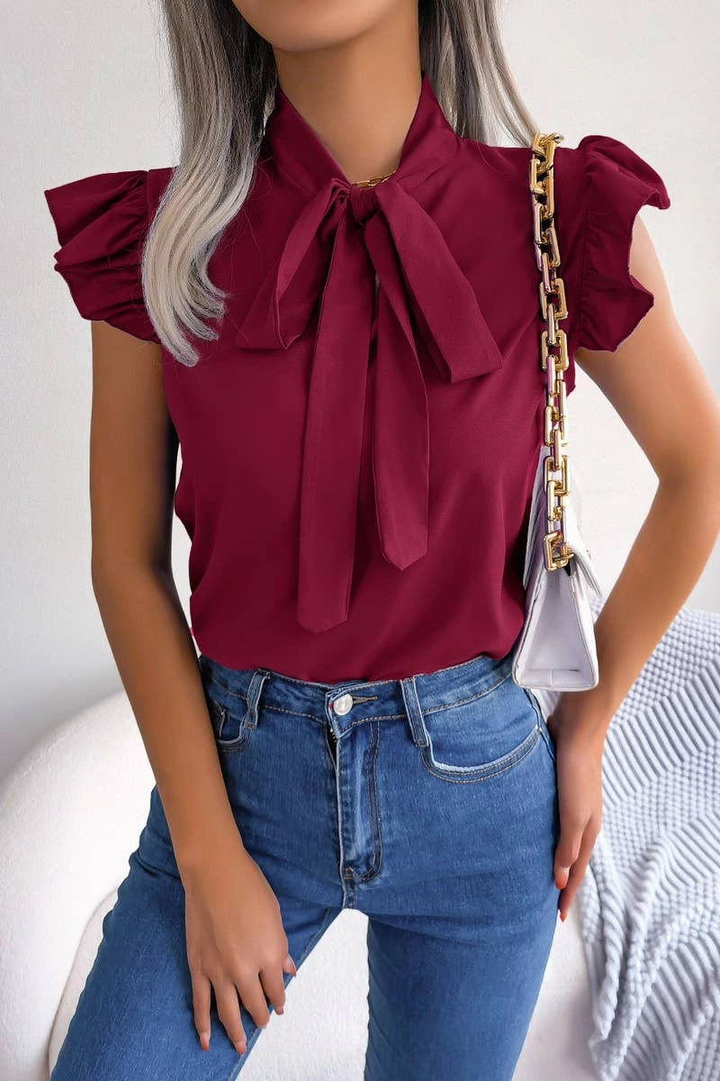 AdjustableCuffSystem AGARIC EDGE TIE BOW CHIFFON BLOUSE_CWTSTSL0033