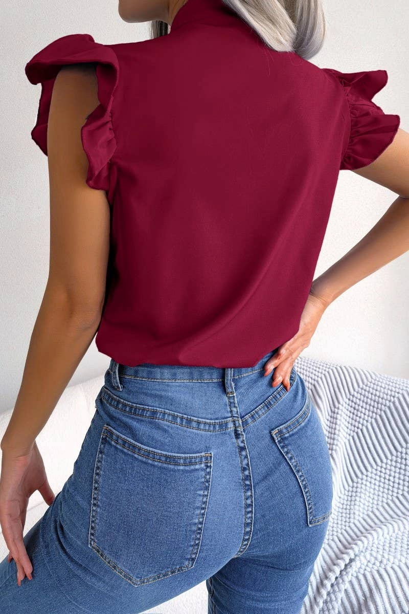 AGARIC EDGE TIE BOW CHIFFON BLOUSE_CWTSTSL0033 Breathable Material