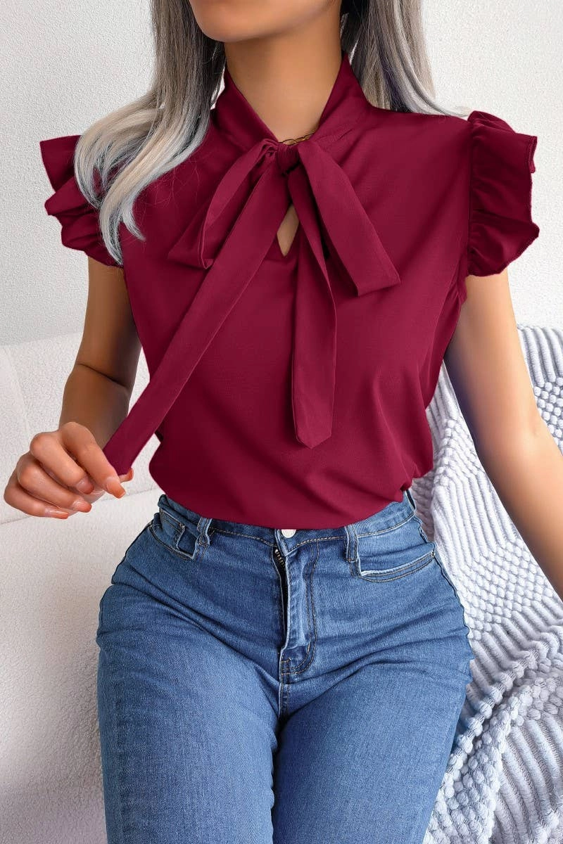 Soft Material HiddenPocket AGARIC EDGE TIE BOW CHIFFON BLOUSE_CWTSTSL0033