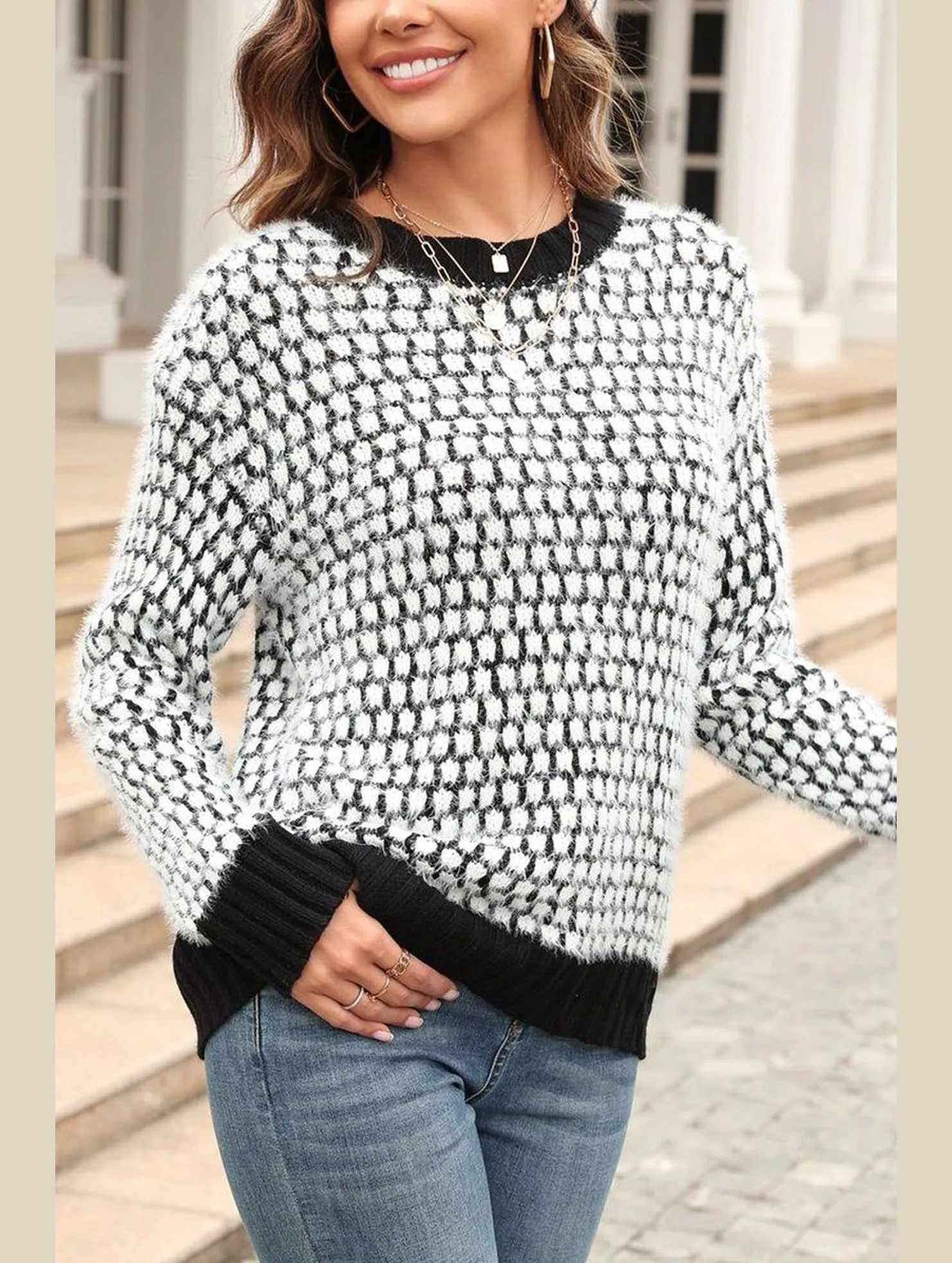 HighStrength Threadwork ContrastStitching CONTRAST LARGE ROUND NECK LONG SLEEVE SWEATER