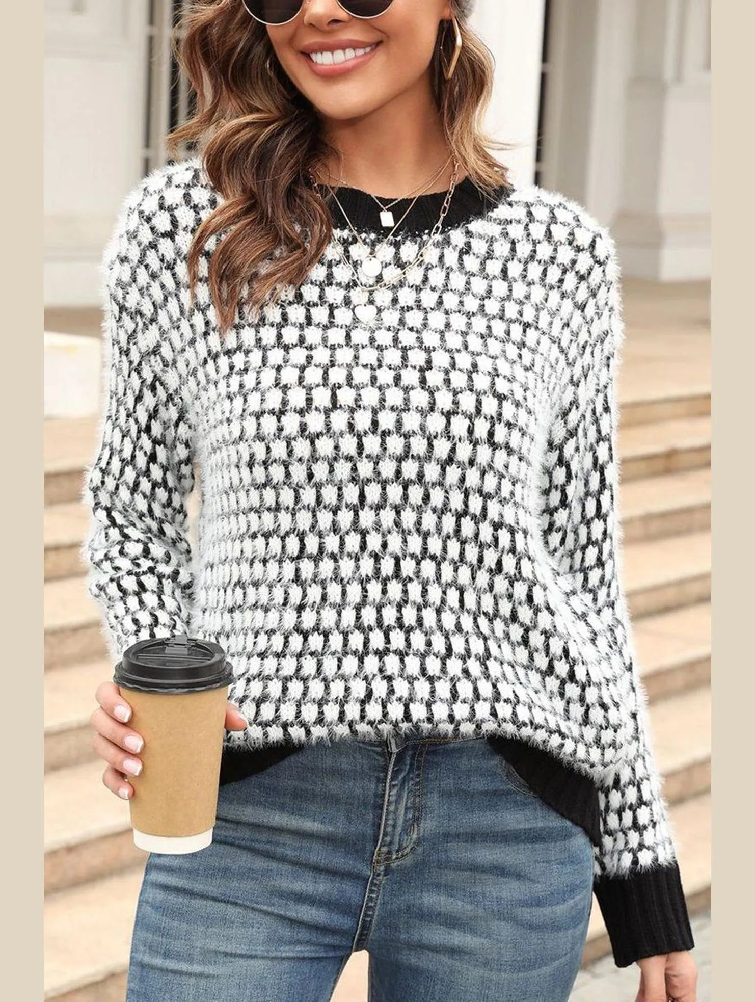 CONTRAST LARGE ROUND NECK LONG SLEEVE SWEATER DoubleStitchedSeams Simple Shirt