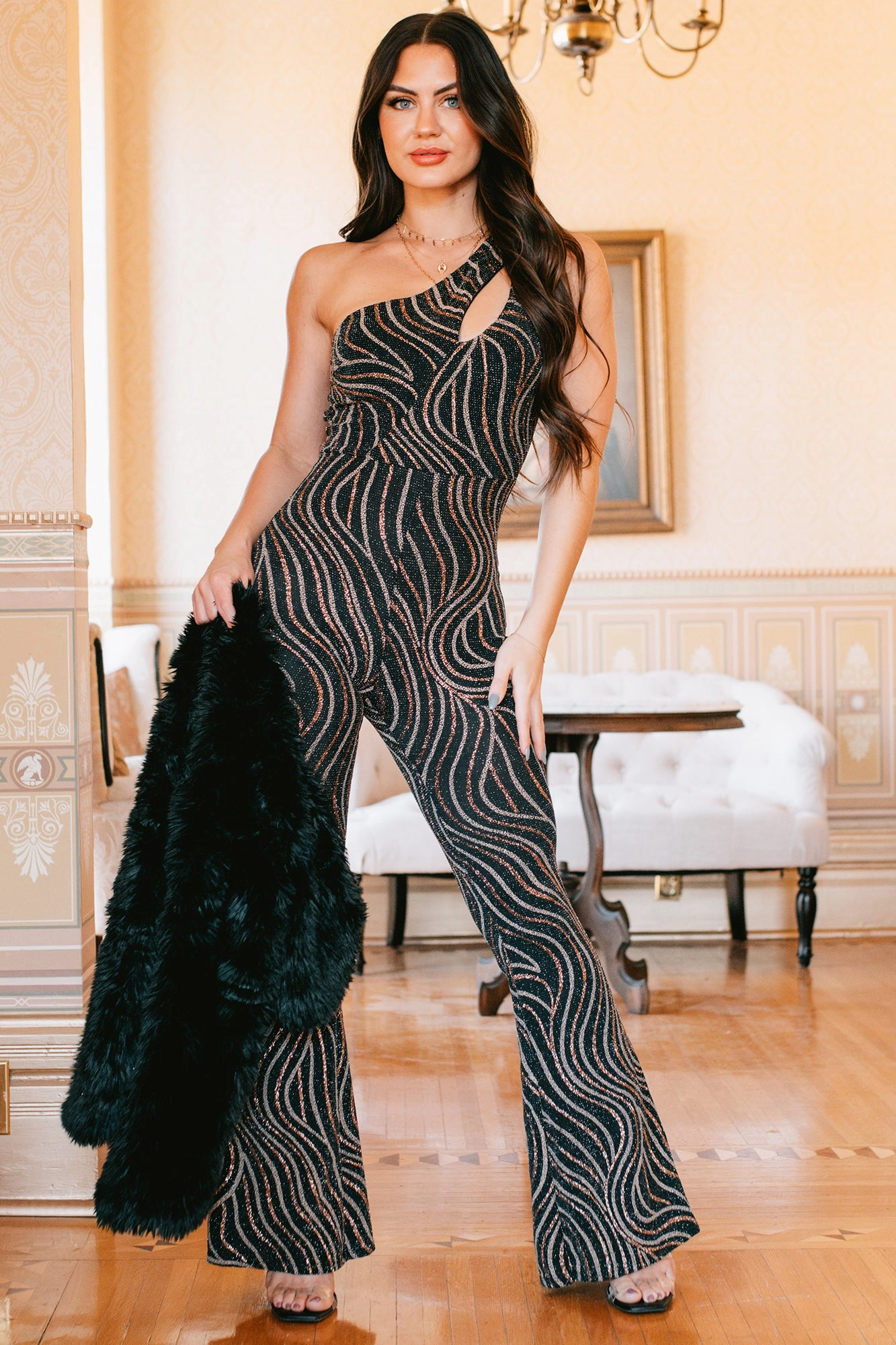 Reflective Trim Details Queen Of Compliments Metallic Glitter Jumpsuit (Black/Gold)