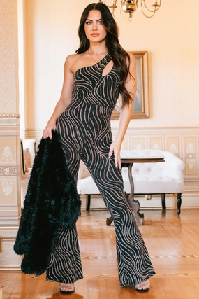 Reflective Trim Details Queen Of Compliments Metallic Glitter Jumpsuit (Black/Gold)