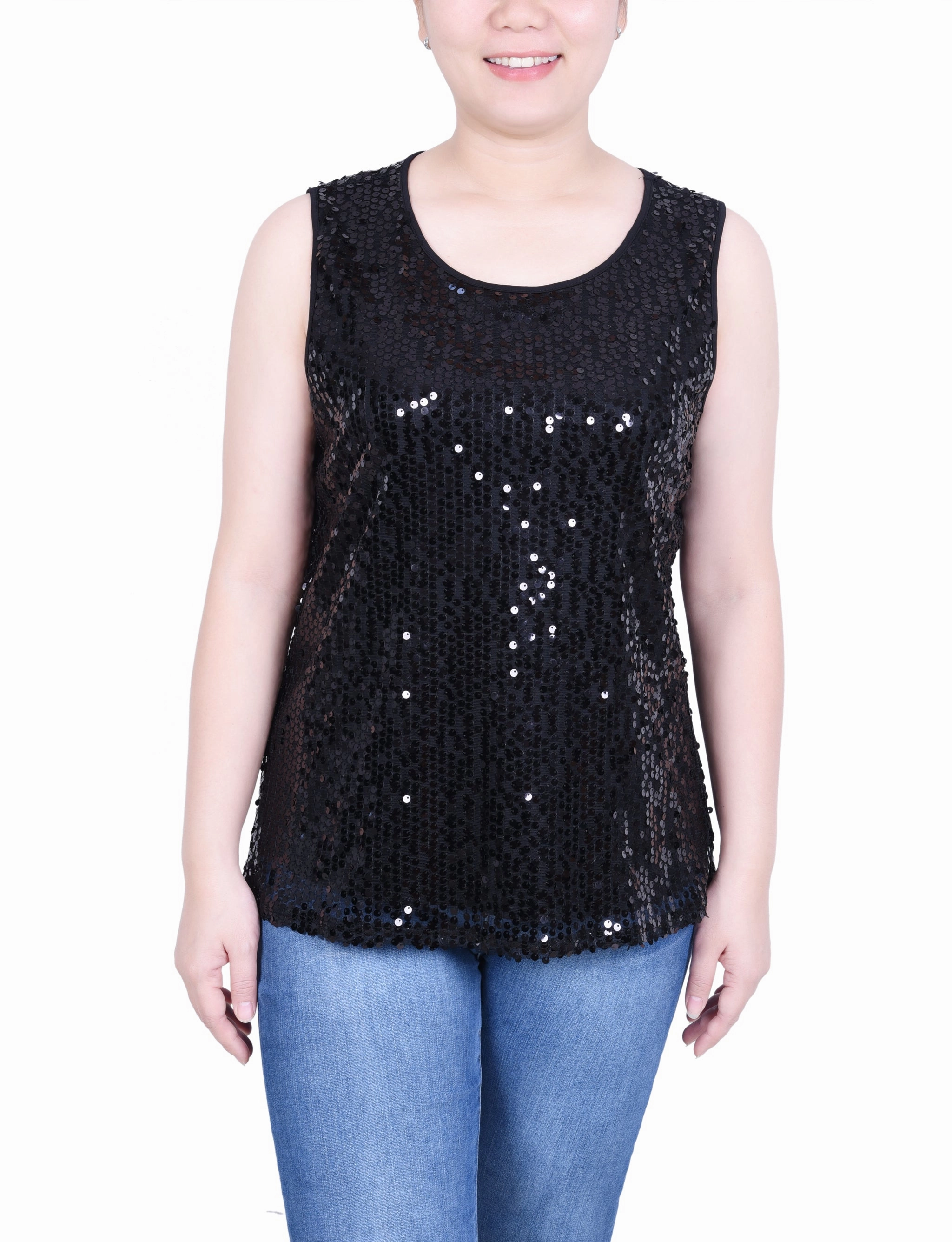 Odor Resistant Treatment Cozy Sweatshirt Sleeveless Sequined Tank Top With Combo Banding