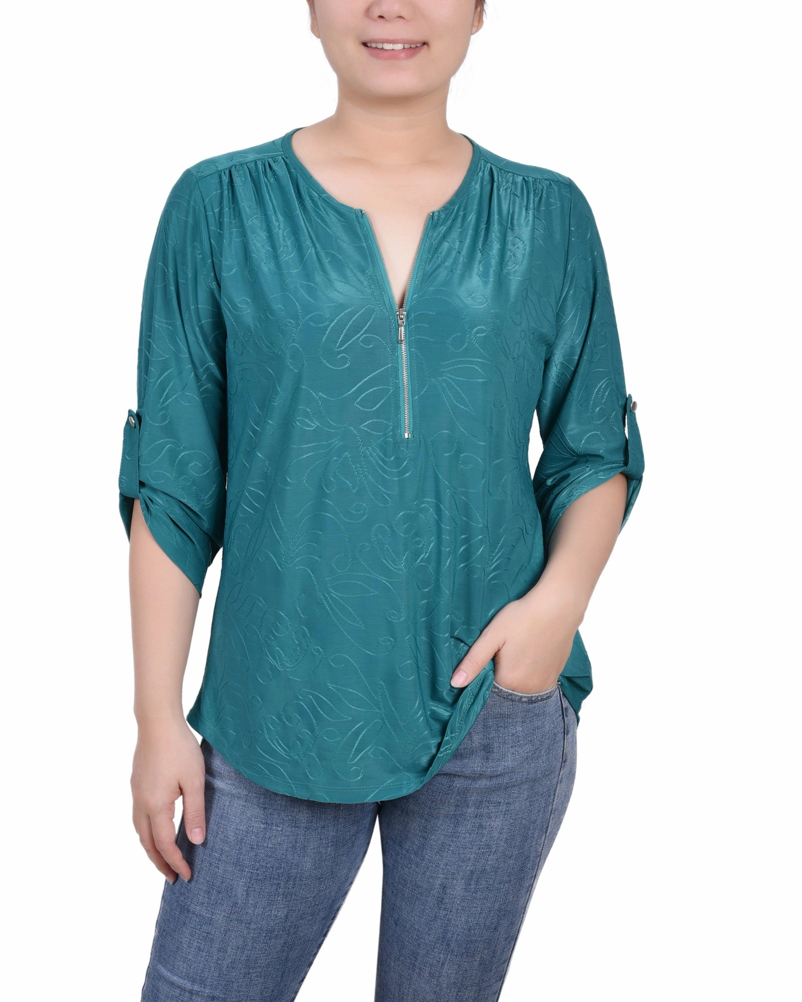 Luxurious Feel Durable Double Stitching 3/4 Roll Tab Zip Front Jacquard Knit Top