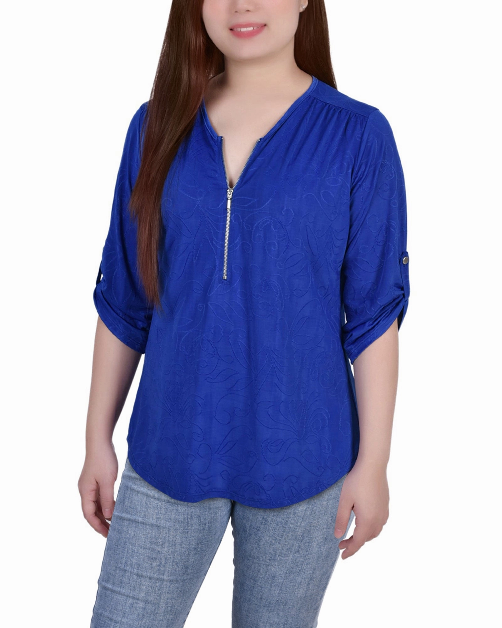 Cozy Blouse Anti Pill Finish 3/4 Roll Tab Zip Front Jacquard Knit Top