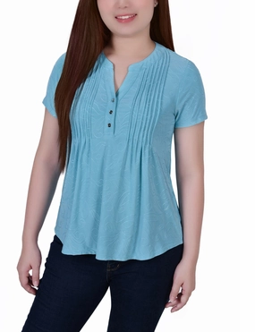 Short Sleeve Y Neck Jacquard Knit Top EasyCare Material Sweat Absorbing Lining