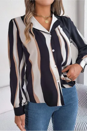 Modular Pocket Layout WOMEN STRIPE PATTERNED BUTTON DOWN OFFICE BLOUSE