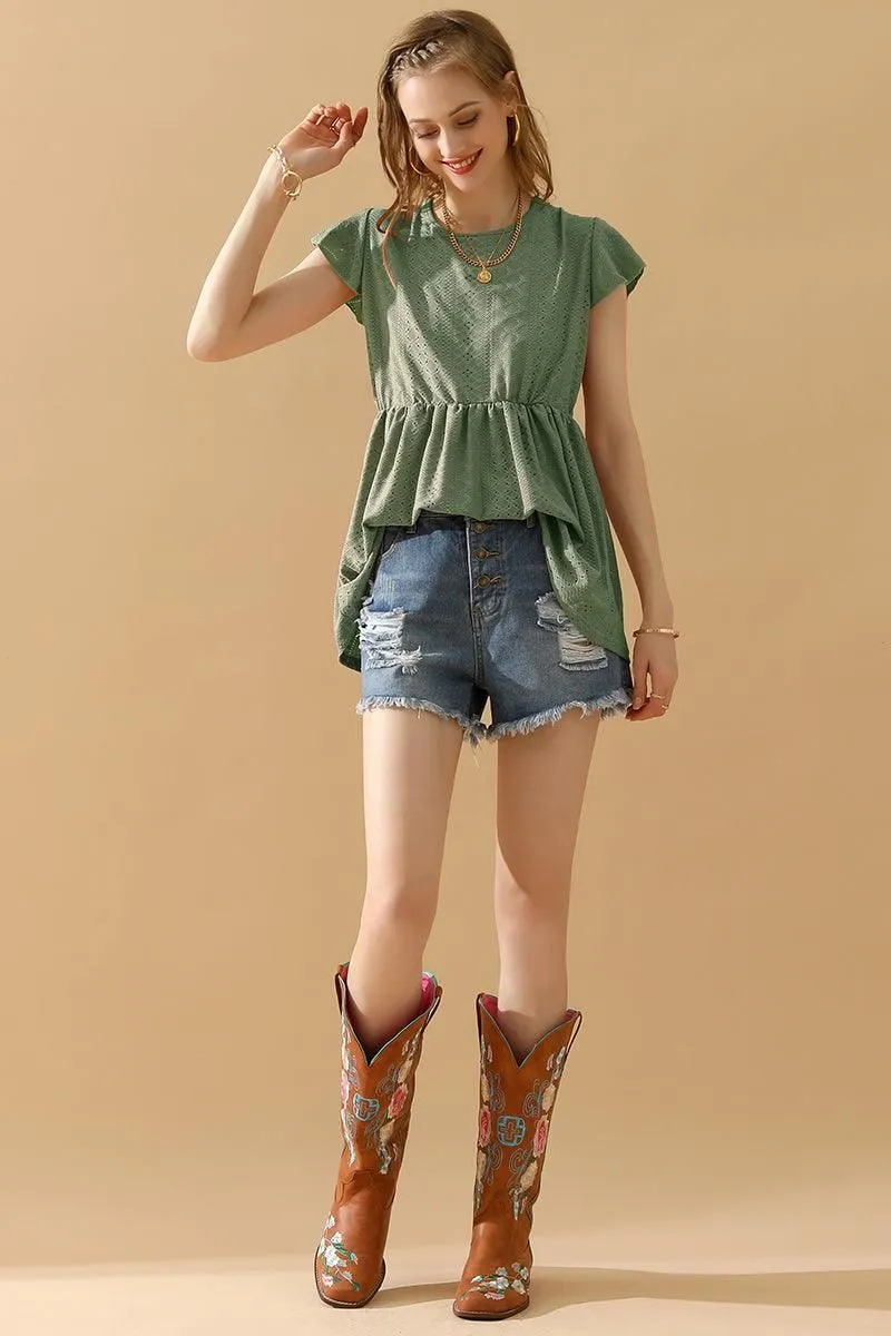 UltraSoft Blend RUFFLED ELASTIC WAIST PUNCHING LACE TEE